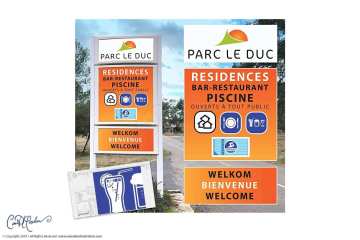 Camping Grounds Road Sign  with Icons and Pictograms