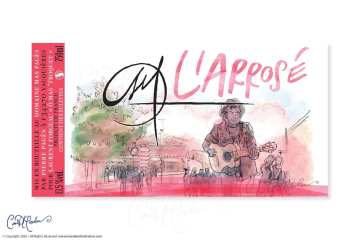 Hand drawn wine labels with musician playing at market