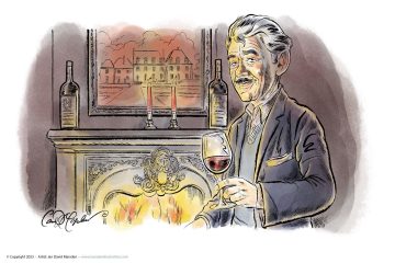 Lord with wine in front of fireplace