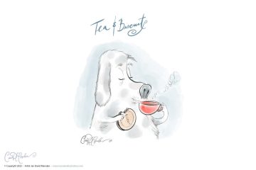 Doggy with tea and biscuits