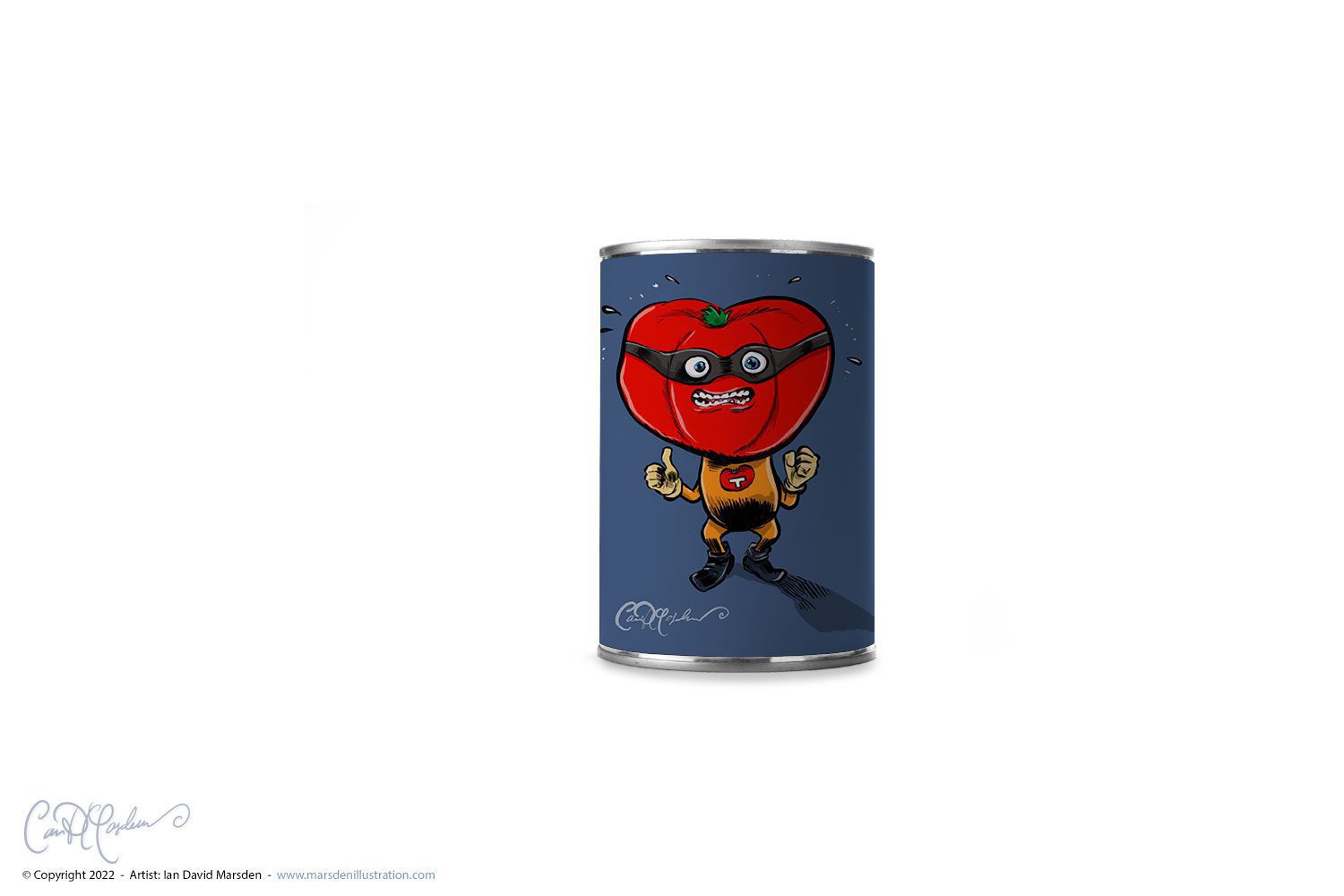 A can with Tomato Man Superhero