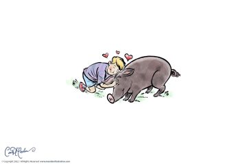 Hugging a cute pig