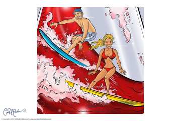 Man and woman surfing in wine glass