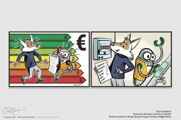 Keep an eye on energy consumption. Character Design and Comic Strip for business on the subject of renewable energy and sustainable use of house appliances, Fox and Robot Character