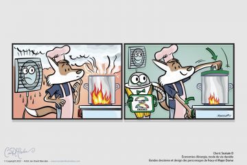Keep a lid on your cooking. Character Design and Comic Strip for business on the subject of renewable energy and sustainable use of house appliances, Fox and Robot Character