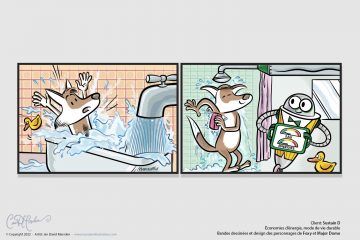 Prefer showering over baths. Save water. Character Design and Comic Strip for business on the subject of renewable energy and sustainable use of house appliances, Fox and Robot Character