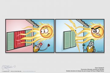 Block sun rays from entering. Character Design and Comic Strip for business on the subject of renewable energy and sustainable use of house appliances, Fox and Robot Character
