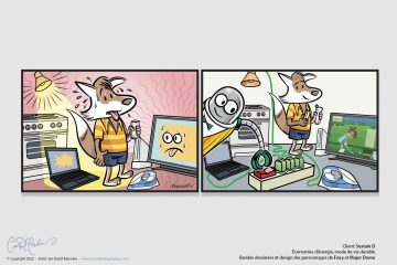 Cut power when not using. Character Design and Comic Strip for business on the subject of renewable energy and sustainable use of house appliances, Fox and Robot Character