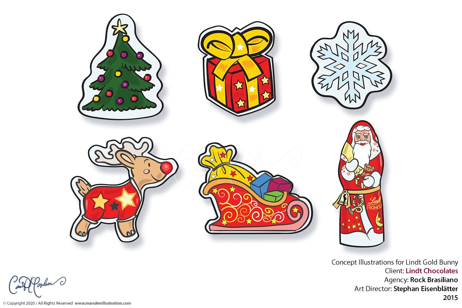 Lindt Concept Illustrations - christmas tree, christmas present, snowflake, reindeer, sled, santa