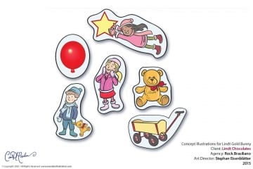 Lindt Concept Illustrations, boy, girl, balloon, star, teddy bear