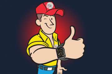 Company Mascot “Pfiffikus” - Thumbs up and Apple Watch