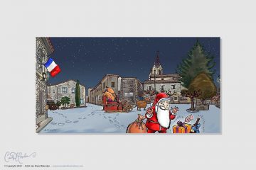 Dessin du Pere Noel pour la carte de voeux de la mairie de Vacquieres, 34270 Hérault - par dessinateur et illustrateur Ian David Marsden