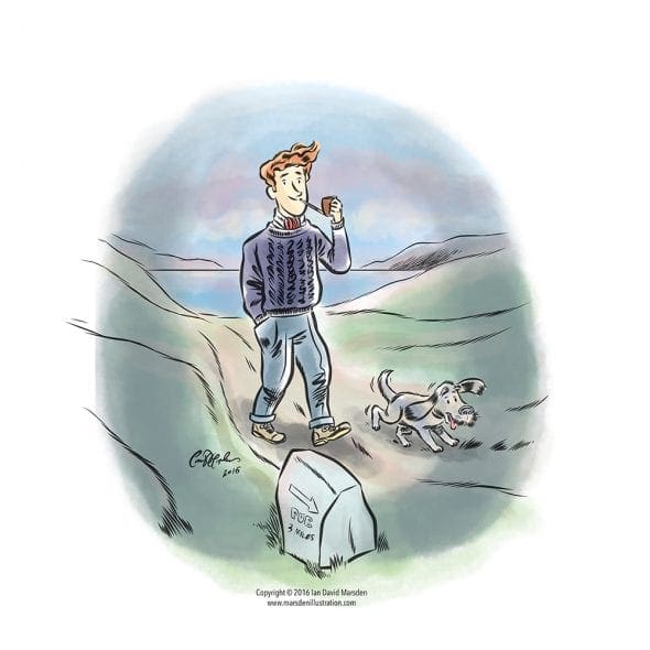A man and his dog doing for an evening walk - cartoon illustration 