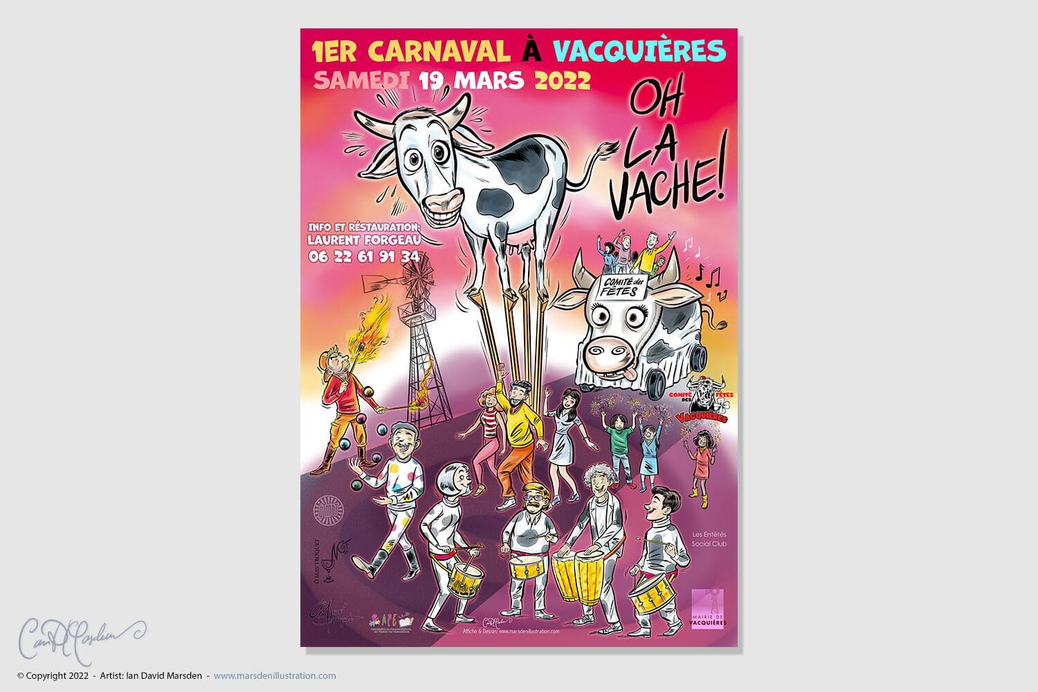 Colorful carnival poster featuring cartoon characters illustrated by Ian David Marsden