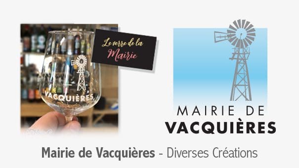 Logo Design pour la Mairie de Vacquieres, 34270 - graphisme vectoriel avec eolienne avec ciel bleu par illustrateur et graphiste Ian Marsden
