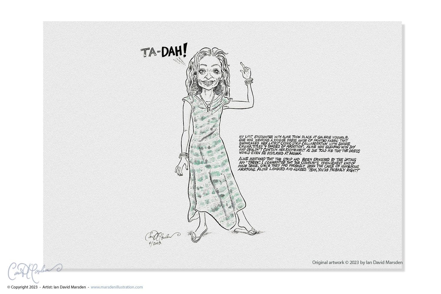 Pen and ink drawing of Aline Kominsky-Crumb wearing a dress printed with abortion comics she drew with her daughter Sophie Crumb. Artwork: Ian David Marsden