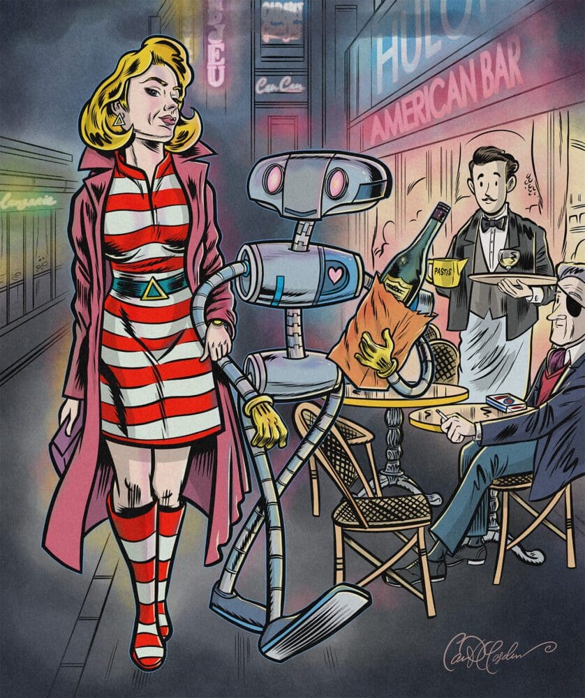 A woman walking hand in hand with a robot alongside Parisian Cafés. illustration by Ian David Marsden